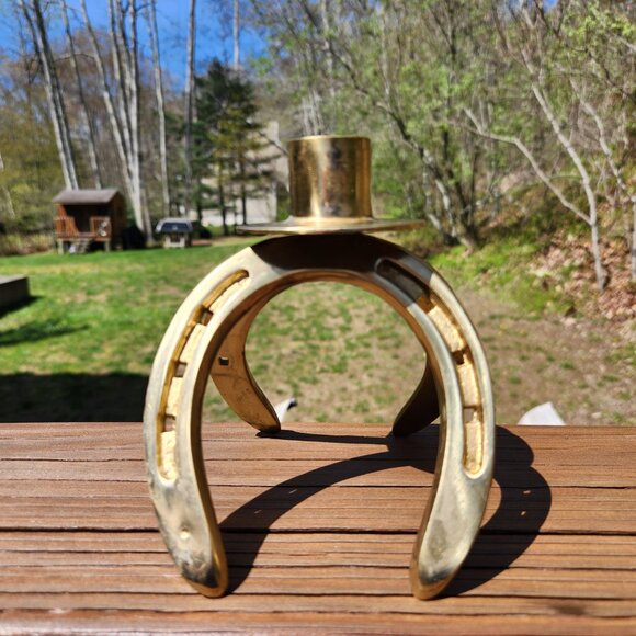 Vintage Solid Brass Double Horseshoe Candle Holder - Picture 7 of 11